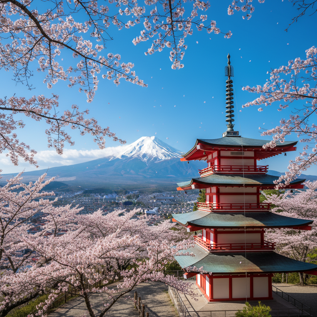 벚꽃이 만개한 봄날, 후지산을 배경으로 붉은색 충령탑이 조화를 이루는 고해상도 풍경 사진. 맑고 푸른 하늘과 분홍빛 벚꽃잎이 흩날리는 평화로운 분위기를 상세히 묘사.