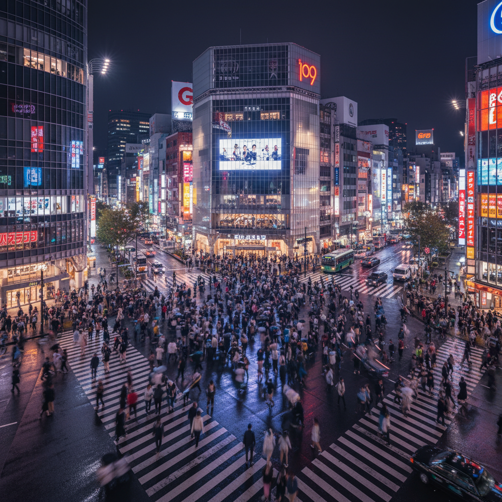 도쿄 시부야 스크램블 교차로의 역동적인 야경. 수많은 사람들의 움직임과 화려한 네온사인 광고판, 고층 빌딩의 불빛들이 어우러진 현대적이고 에너지가 넘치는 도시 경관.