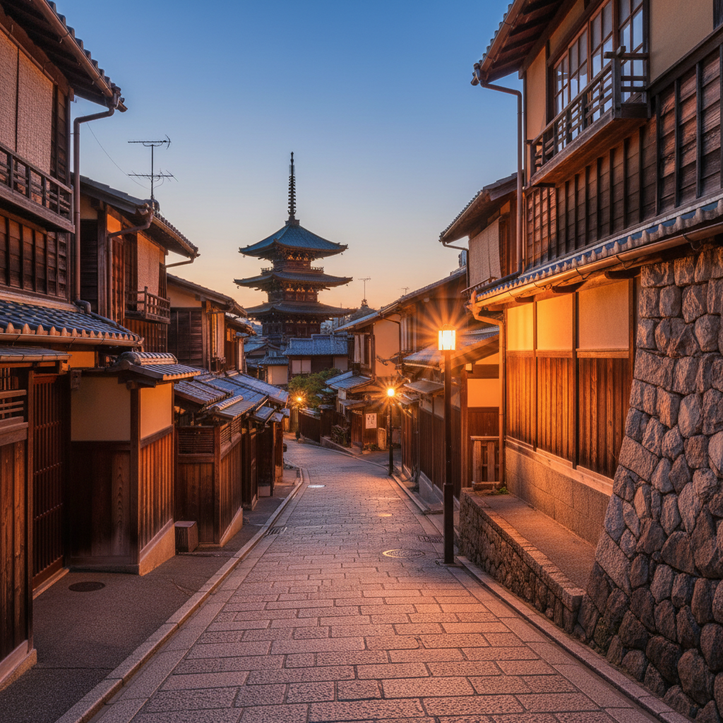 교토 기온 거리의 해질녘 풍경. 고즈넉한 전통 목조 가옥들과 돌담길을 따라 은은하게 켜진 등불, 멀리 보이는 야사카 탑이 자아내는 고전적이고 서정적인 분위기.