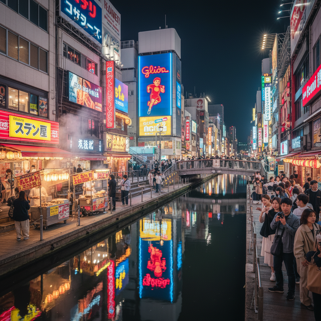 오사카 도톤보리 운하의 화려한 밤 풍경. 글리코상 간판을 포함한 형형색색의 화려한 조명들이 물에 반사되는 모습과 활기찬 거리 음식이 있는 관광객들의 활발한 모습.