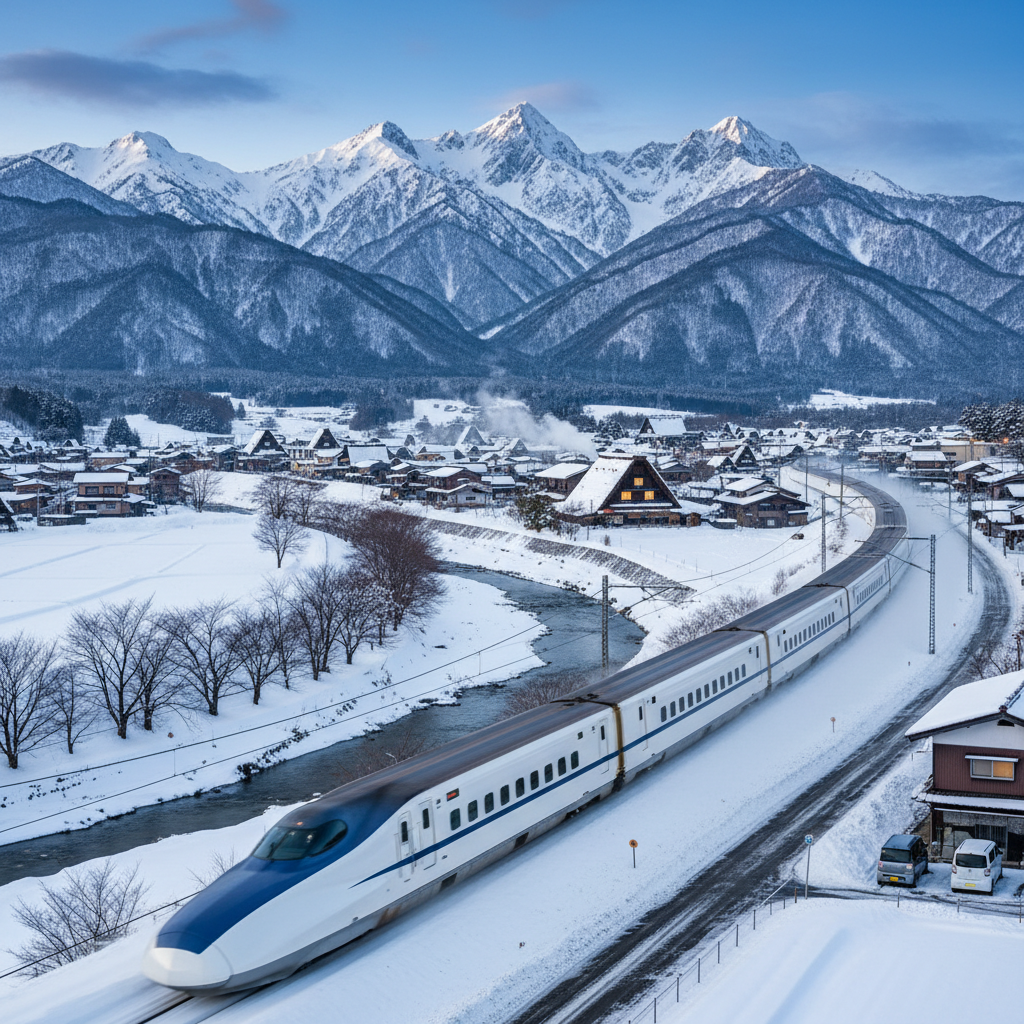 현대적인 신칸센 열차가 눈 덮인 시골 마을을 빠르게 통과하는 장면. 뒤편으로 웅장한 알프스 산맥이 보이며 기술과 자연이 조화를 이루는 일본의 독특한 여행 감성.